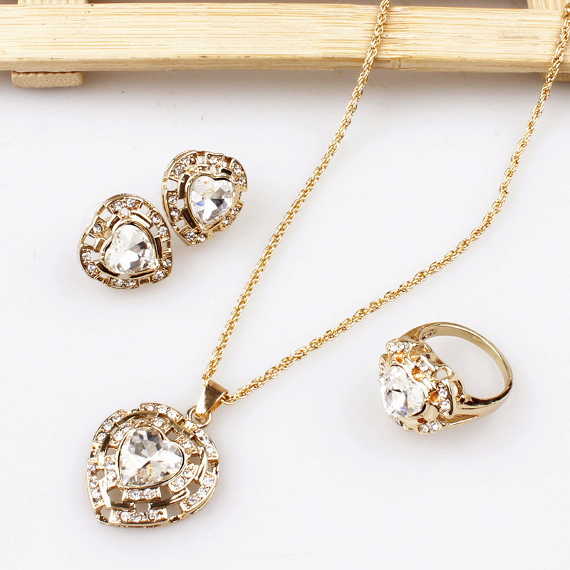  м  ߰ ƿ   14K    Ʈ Ʈ ũŻ Ʈ/Crystal Hearts Set In The Hollow Out Peach Heart 14K Gold Plated Jewelry Sets For Women Fashion J